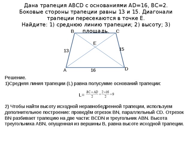 Дана трапеция ABCD c основаниями AD=16 , BC=2 . Боковые стороны трапеции равны 13 и 15. Диагонали трапеции пересекаются в точке Е.  Найдите: 1) среднюю линию трапеции; 2) высоту; 3) площадь. В C E 15 13 D А 16 Решение. Средняя линия трапеции ( L) равна полусумме оснований трапеции:   L= 2) Чтобы найти высоту исходной неравнобедренной трапеции, используем дополнительное построение: проведём отрезок BN , параллельный CD . Отрезок BN разбивает трапецию на две части: BCDN и треугольник ABN . Высота треугольника ABN , опущенная из вершины В, равна высоте исходной трапеции. 