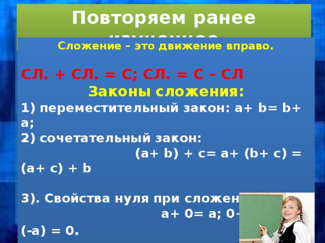 Повторяем ранее изученное Сложение – это движение вправо.  СЛ. + СЛ. = С; СЛ. = С – СЛ Законы сложения: 1) переместительный закон: a+ b= b+ a; 2) сочетательный закон:  (a+ b) + c= a+ (b+ c) = (a+ c) + b  3). Свойства нуля при сложении:  a+ 0= a; 0+ a= a; a+ (-a) = 0 .    