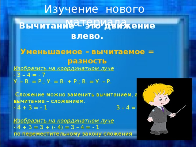 Вычитание – это движение влево. Уменьшаемое – вычитаемое = разность Изобразить на координатном луче - 3 – 4 = - 7 У. – В. = Р.; У. = В. + Р.; В. = У. – Р.  Сложение можно заменить вычитанием, а вычитание – сложением. - 4 + 3 = - 1 3 – 4 = -1 Изобразить на координатном луче - 4 + 3 = 3 + (- 4) = 3 – 4 = - 1 по переместительному закону сложения Изучение нового материала 