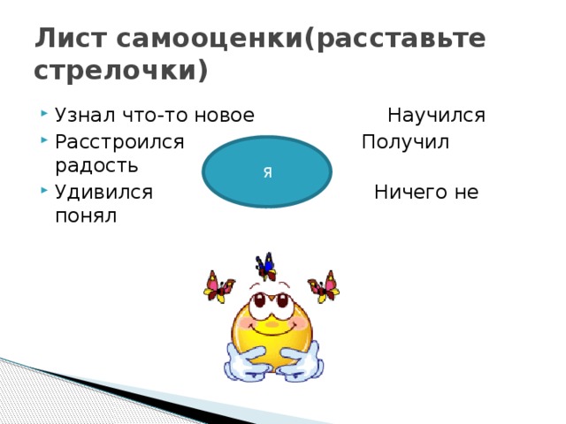 Лист самооценки(расставьте стрелочки) Узнал что-то новое Научился Расстроился Получил радость Удивился Ничего не понял Я 
