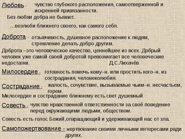 Любовь - чувство глубокого расположения, самоотверженной и искренней привязанности. Без любви добра не бывает. … возлюби  ближнего  своего, как самого себя. Доброта  - отзывчивость, душевное расположение к людям, стремление делать добро другим. Доброта –это человеческое качество, ценнейшее из всех. Добрый человек уже самой своей добротой превозмогает все человеческие недостатки. Д.С.Лихачёв Милосердие - готовность  помочь кому–н. или простить кого–н. из сострадания, человеколюбия. жалость, сочувствие, вызываемые чьим–н. несчастьем, горем. Сострадание - Милосердие и сострадание ближнему есть свет душевный чувство нравственной ответственности за своё поведение перед окружающими людьми, обществом. Совесть - Совесть есть голос  Божий,отвращающий  и удерживающий нас от зла . Самопожертвование -  ж ертвование  своими личными интересами ради других. 