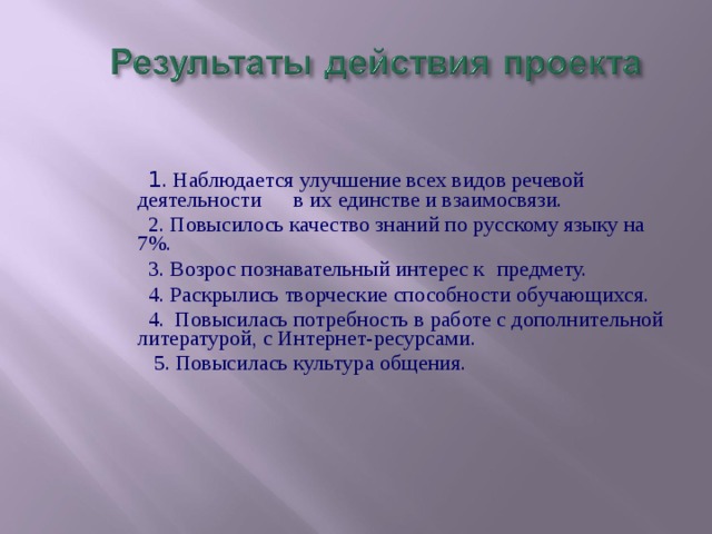  1 . Наблюдается улучшение всех видов речевой деятельности в их единстве и взаимосвязи.  2. Повысилось качество знаний по русскому языку на 7%.  3. Возрос познавательный интерес к  предмету.  4. Раскрылись творческие способности обучающихся.  4. Повысилась потребность в работе с дополнительной литературой, с Интернет-ресурсами.  5. Повысилась культура общения. 