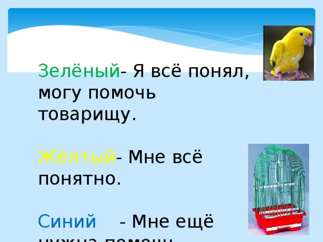 Зелёный - Я всё понял, могу помочь товарищу. Жёлтый - Мне всё понятно. Синий  - Мне ещё нужна помощь. 