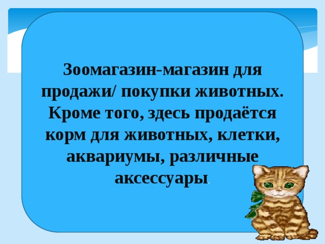 Зоомагазин-магазин для продажи/ покупки животных. Кроме того, здесь продаётся корм для животных, клетки, аквариумы, различные аксессуары . 