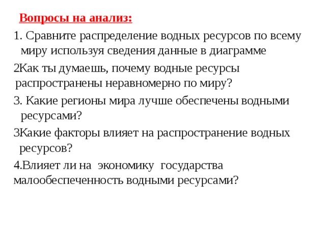  Вопросы на анализ: 1. Сравните распределение водных ресурсов по всему миру используя сведения данные в диаграмме Как ты думаешь, почему водные ресурсы распространены неравномерно по миру? 3. Какие регионы мира лучше обеспечены водными ресурсами? Какие факторы влияет на распространение водных ресурсов?  Влияет ли на экономику государства малообеспеченность водными ресурсами? 