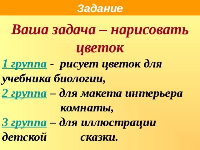 Задание Ваша задача – нарисовать цветок 1 группа - рисует цветок для учебника биологии, 2 группа – для макета интерьера    комнаты, 3 группа – для иллюстрации детской  сказки.  