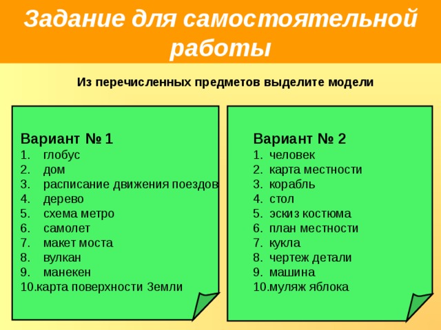 Задание для самостоятельной работы Из перечисленных предметов выделите модели Вариант № 2 Вариант № 1  человек карта местности корабль стол эскиз костюма план местности кукла чертеж детали машина муляж яблока  глобус  дом  расписание движения поездов  дерево  схема метро  самолет  макет моста  вулкан  манекен карта поверхности Земли 
