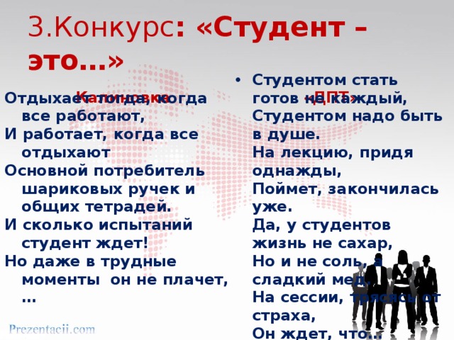 3.Конкурс : «Студент – это…» Калиновка «ДПТ» Отдыхает тогда, когда все работают, Студентом стать готов не каждый,  Студентом надо быть в душе.  На лекцию, придя однажды,  Поймет, закончилась уже.  Да, у студентов жизнь не сахар,  Но и не соль, а сладкий мед.  На сессии, трясясь от  страха,  Он ждет, что… И работает, когда все отдыхают Основной потребитель шариковых ручек и общих тетрадей. И сколько испытаний студент ждет! Но даже в трудные моменты он не плачет, … 