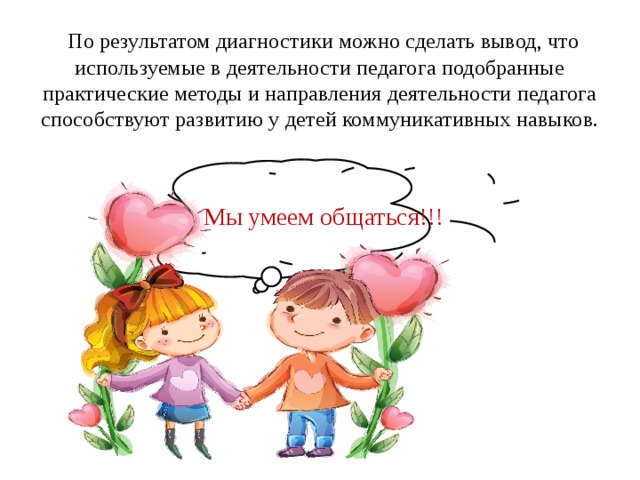  По результатом диагностики можно сделать вывод, что используемые в деятельности педагога подобранные практические методы и направления деятельности педагога способствуют развитию у детей коммуникативных навыков. Мы умеем общаться!!! 