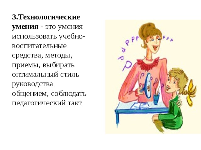 3.Технологические умения  - это умения использовать учебно-воспитательные средства, методы, приемы, выбирать оптимальный стиль руководства общением, соблюдать педагогический такт 