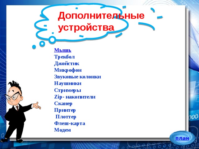 Дополнительные устройства Мышь Трекбол Джойстик Микрофон Звуковые колонки Наушники Стримеры Zip- накопители Сканер Принтер  Плоттер Флеш-карта Модем  