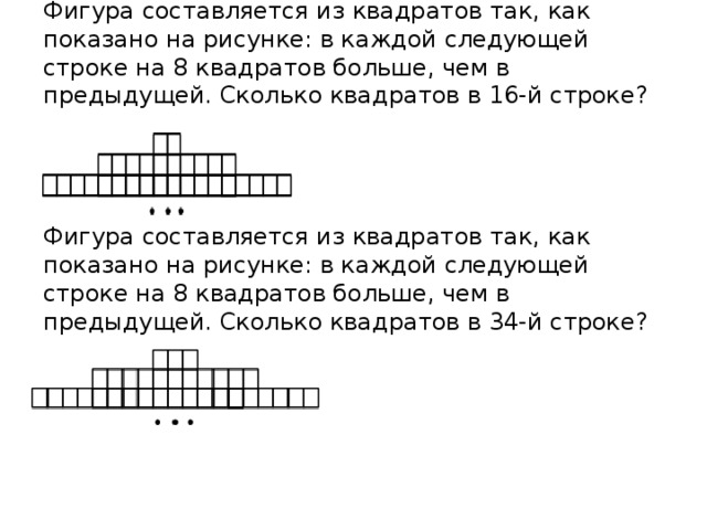 Фигура составляется из квадратов так, как показано на рисунке: в каждой следующей строке на 8 квадратов больше, чем в предыдущей. Сколько квадратов в 16-й строке?      Фигура составляется из квадратов так, как показано на рисунке: в каждой следующей строке на 8 квадратов больше, чем в предыдущей. Сколько квадратов в 34-й строке?   
