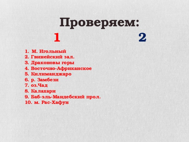 Проверяем: 1 2  М. Игольный 2. Гвинейский зал. 3. Драконовы горы 4. Восточно-Африканское 5. Килиманджаро 6. р. Замбези 7. оз.Чад 8. Калахари 9. Баб-эль-Мандебский прол. 10. м. Рас-Хафун            м. Альмади Аденский зал. Атлас Эфиопское г.Кения р.Нигер оз. Виктория Сахара Мозамбикский прол. М. Бен-Секка             
