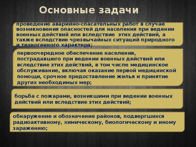 Основные задачи проведение аварийно-спасательных работ в случае возникновения опасностей для населения при ведении военных действий или вследствие этих действий, а также вследствие чрезвычайных ситуаций природного и техногенного характера; первоочередное обеспечение населения, пострадавшего при ведении военных действий или вследствие этих действий, в том числе медицинское обслуживание, включая оказание первой медицинской помощи, срочное предоставление жилья и принятие других необходимых мер; борьба с пожарами, возникшими при ведении военных действий или вследствие этих действий; обнаружение и обозначение районов, подвергшихся радиоактивному, химическому, биологическому и иному заражению; 