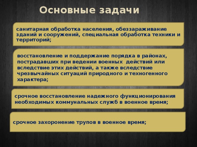 Основные задачи санитарная обработка населения, обеззараживание зданий и сооружений, специальная обработка техники и территорий; восстановление и поддержание порядка в районах, пострадавших при ведении военных действий или вследствие этих действий, а также вследствие чрезвычайных ситуаций природного и техногенного характера; срочное восстановление надежного функционирования необходимых коммунальных служб в военное время; срочное захоронение трупов в военное время; 