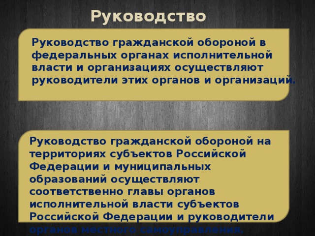 Руководство Руководство гражданской обороной в федеральных органах исполнительной власти и организациях осуществляют руководители этих органов и организаций. Руководство гражданской обороной на территориях субъектов Российской Федерации и муниципальных образований осуществляют соответственно главы органов исполнительной власти субъектов Российской Федерации и руководители органов местного самоуправления. 