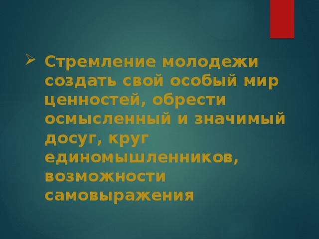 Стремление молодежи создать свой особый мир ценностей, обрести осмысленный и значимый досуг, круг единомышленников, возможности самовыражения 