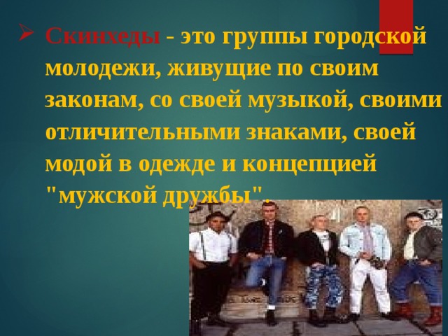 Скинхеды - это группы городской молодежи, живущие по своим законам, со своей музыкой, своими отличительными знаками, своей модой в одежде и концепцией 