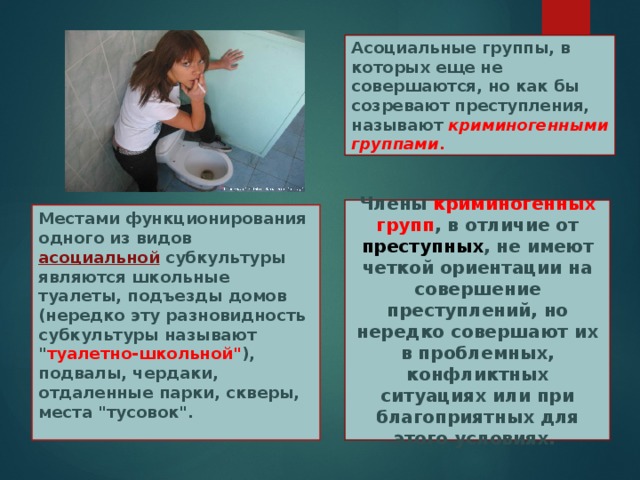 Асоциальные группы, в которых еще не совершаются, но как бы созревают преступления, называют криминогенными группами . Члены криминогенных групп , в отличие от преступных , не имеют четкой ориентации на совершение преступлений, но нередко совершают их в проблемных, конфликтных ситуациях или при благоприятных для этого условиях. Местами функционирования одного из видов асоциальной  субкультуры являются школьные туалеты, подъезды домов (нередко эту разновидность субкультуры называют 