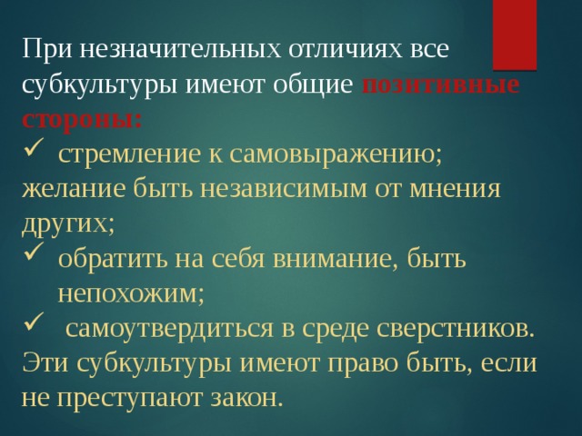 При незначительных отличиях все субкультуры имеют общие позитивные стороны:  стремление к самовыражению; желание быть независимым от мнения других; обратить на себя внимание, быть непохожим;  самоутвердиться в среде сверстников. Эти субкультуры имеют право быть, если не преступают закон. 