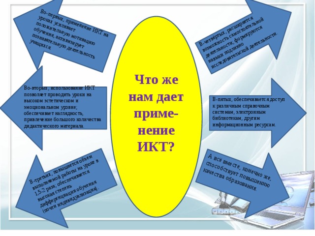 Во-первых, применение ИКТ на уроках усиливает положительную мотивацию обучения, активизирует познавательную деятельность учащихся. В-третьих, повышается объем выполняемой работы на уроке в 1,5-2 раза; обеспечивается высокая степень дифференциации обучения (почти индивидуализация). А всё вместе, конечно же, способствует повышению качества образования. В-четвёртых, расширяется возможность самостоятельной деятельности; формируются навыки подлинно исследовательской деятельности. Что же нам дает приме-нение ИКТ? Во-вторых, использование ИКТ позволяет проводить уроки на высоком эстетическом и эмоциональном уровне; обеспечивает наглядность, привлечение большого количества дидактического материала. В-пятых, обеспечивается доступ к различным справочным системам, электронным библиотекам, другим информационным ресурсам. 
