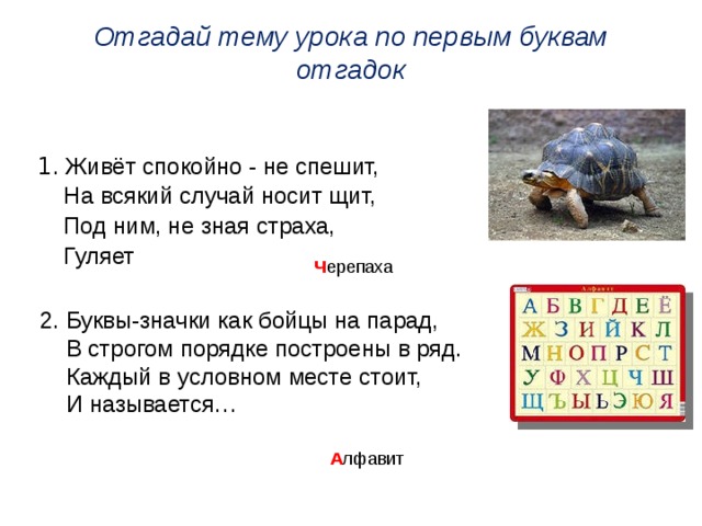 Отгадай тему урока по первым буквам отгадок 1 . Живёт спокойно - не спешит,  На всякий случай носит щит,  Под ним, не зная страха,  Гуляет Ч ерепаха 2. Буквы-значки как бойцы на парад,  В строгом порядке построены в ряд.  Каждый в условном месте стоит,  И называется… А лфавит 