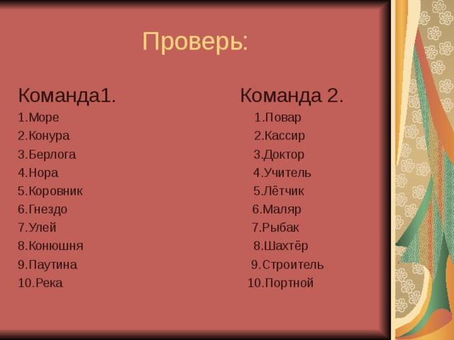  Проверь: Команда1. Команда 2. 1.Море 1.Повар 2.Конура 2.Кассир 3.Берлога 3.Доктор 4.Нора 4.Учитель 5.Коровник 5.Лётчик 6.Гнездо 6.Маляр 7.Улей 7.Рыбак 8.Конюшня 8.Шахтёр 9.Паутина 9.Строитель 10.Река 10.Портной 