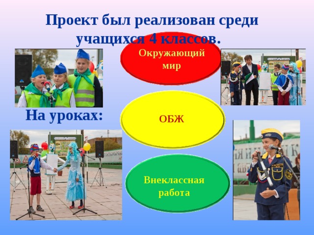 Проект был реализован среди учащихся 4 классов.  Окружающий мир На уроках: ОБЖ Внеклассная работа 