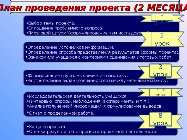 План проведения проекта (2 МЕСЯЦА) Выбор темы проекта. Оглашение проблемного вопроса. 
