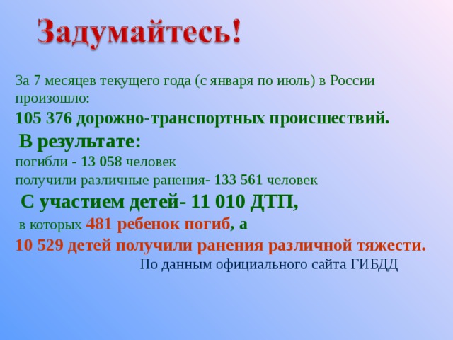 За 7 месяцев текущего года (с января по июль) в России произошло: 105 376 дорожно-транспортных происшествий.  В результате: погибли - 13 058 человек получили различные ранения- 133 561 человек  С участием детей- 11 010 ДТП,  в которых 481 ребенок погиб , а 10 529 детей получили ранения различной тяжести.   По данным официального сайта ГИБДД 
