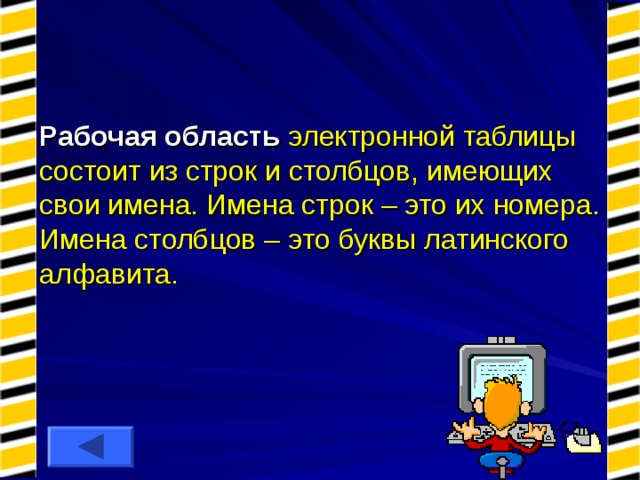 Рабочая область  электронной таблицы состоит из строк и столбцов, имеющих свои имена. Имена строк – это их номера. Имена столбцов – это буквы латинского алфавита. 
