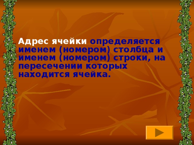 Адрес ячейки  определяется именем (номером) столбца и именем (номером) строки, на пересечении которых находится ячейка. 