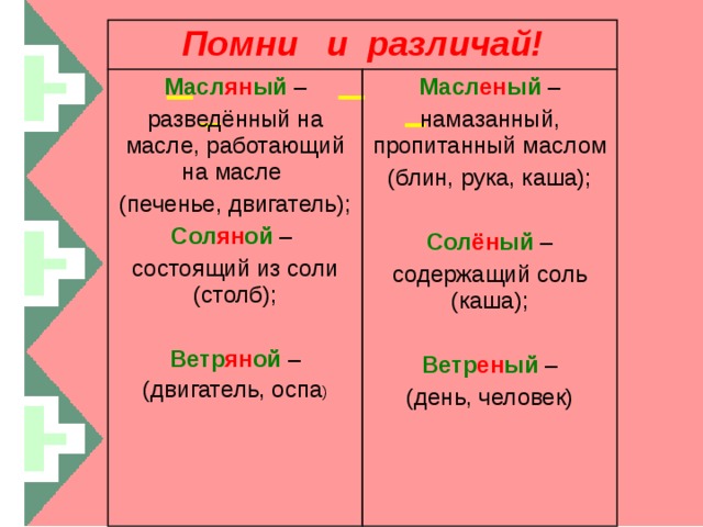  Помни и различай! Масл ян ый  – Масл ен ый  – разведённый на масле, работающий на масле (печенье, двигатель); намазанный, пропитанный маслом (блин, рука, каша); Сол ян ой – состоящий из соли (столб);  Сол ён ый –  Ветр ян ой  – содержащий соль (каша); (двигатель, оспа ) Ветр ен ый – (день, человек) 