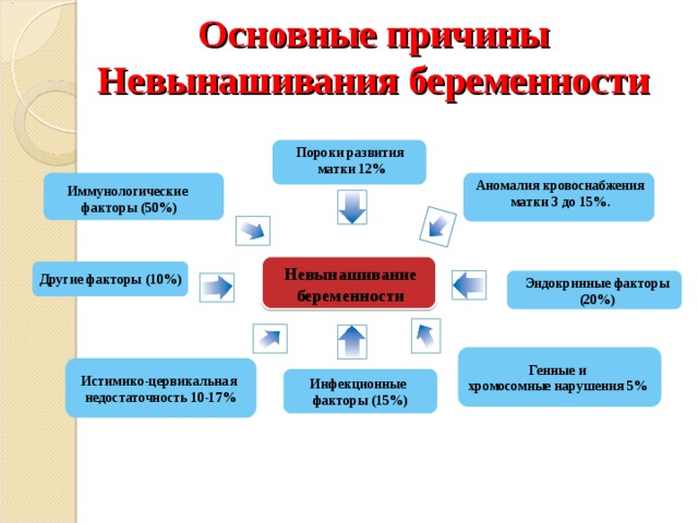 Основные причины Невынашивания беременности Пороки развития матки 12%   Аномалия кровоснабжения матки 3 до 15%. Иммунологические факторы (50%) Невынашивание беременности Другие факторы (10%) Эндокринные факторы (20%)  Генные и хромосомные нарушения 5% Истимико-цервикальная недостаточность 10-17% Инфекционные факторы (15%) 
