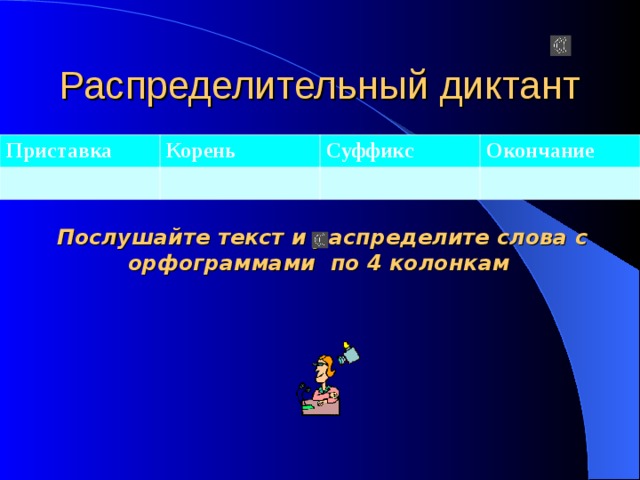 Распределительный диктант Приставка Корень Суффикс Окончание Послушайте текст и распределите слова с орфограммами по 4 колонкам 