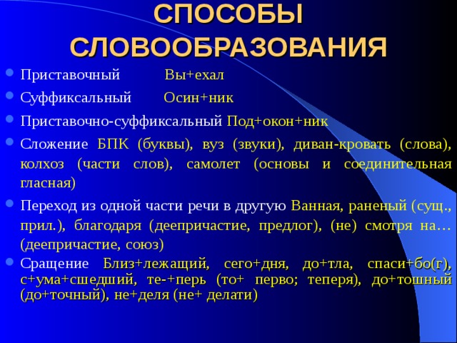 Каким способом словообразования образовано слово. Способы словообразования. Диван-кровать способ словообразования. Вуз словообразование. Самолёт способ словообразования.