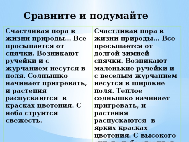 Сравните и подумайте Счастливая пора в жизни природы… Все просыпается от спячки. Возникают ручейки и с журчанием несутся в поля. Солнышко начинает пригревать, и растения распускаются в красках цветения. С неба струится свежесть. Счастливая пора в жизни природы… Все просыпается от долгой зимней спячки. Возникают маленькие ручейки и с веселым журчанием несутся в широкие поля. Теплое солнышко начинает пригревать, и растения распускаются в ярких красках цветения. С высокого синего неба струится прозрачная свежесть. 