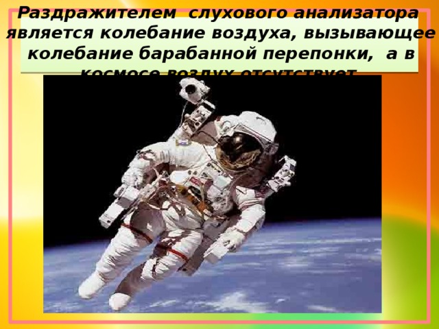 Раздражителем слухового анализатора является колебание воздуха, вызывающее колебание барабанной перепонки, а в космосе воздух отсутствует.