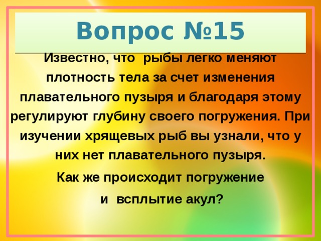 Вопрос №15 Известно, что рыбы легко меняют плотность тела за счет изменения плавательного пузыря и благодаря этому регулируют глубину своего погружения. При изучении хрящевых рыб вы узнали, что у них нет плавательного пузыря.  Как же происходит погружение  и всплытие акул?