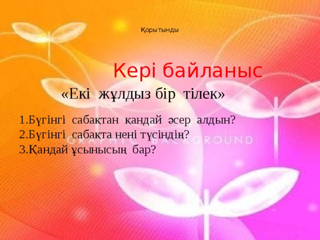   Қорытынды     Кері байланыс 1.Бүгінгі сабақтан қандай әсер алдын? 2.Бүгінгі сабақта нені түсіндің? 3.Қандай ұсынысың бар?  «Екі жұлдыз бір тілек» 