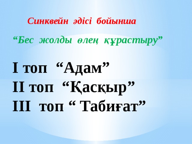 Синквейн әдісі бойынша “ Бес жолды өлең құрастыру”  І топ “Адам” ІІ топ “Қасқыр” ІІІ топ “ Табиғат” 