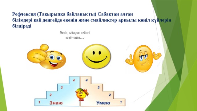 Рефлексия (Тақырыпқа байланысты) Сабақтан алған білімдері қай деңгейде екенін және смайликтер арқылы көңіл күйлерін білдіреді 