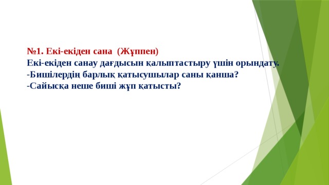 № 1. Екі-екіден сана (Жұппен) Екі-екіден санау дағдысын қалыптастыру үшін орындату. -Бишілердің барлық қатысушылар саны қанша? -Сайысқа неше биші жұп қатысты? 