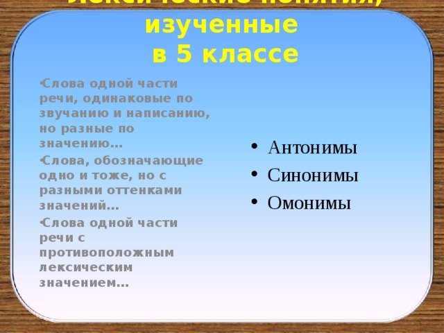 Лексические понятия, изученные  в 5 классе Слова одной части речи, одинаковые по звучанию и написанию, но разные по значению… Слова, обозначающие одно и тоже, но с разными оттенками значений… Слова одной части речи с противоположным лексическим значением…  Антонимы Синонимы Омонимы 