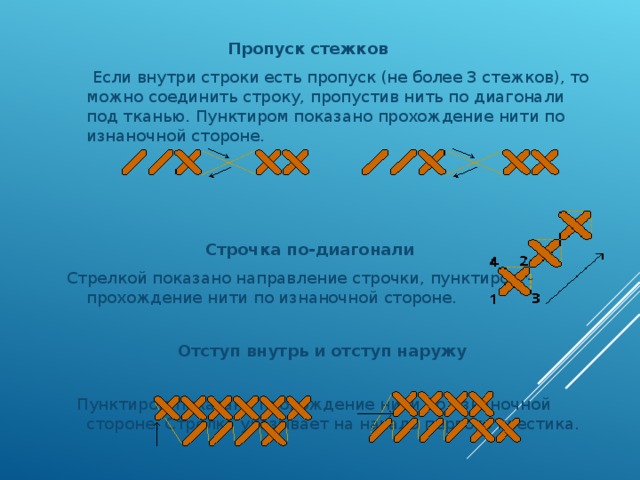  Пропуск стежков  Если внутри строки есть пропуск (не более 3 стежков), то можно соединить строку, пропустив нить по диагонали под тканью. Пунктиром показано прохождение нити по изнаночной стороне.   Строчка по-диагонали Стрелкой показано направление строчки, пунктиром - прохождение нити по изнаночной стороне.  Отступ внутрь и отступ наружу   Пунктиром показано прохождение нити по изнаночной стороне. Стрелка указывает на начало первого крестика. 