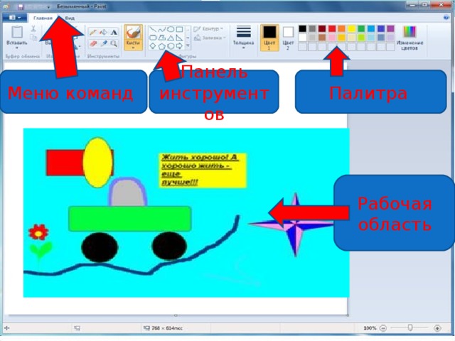 Панель инструментов Меню команд Палитра Рабочая область 