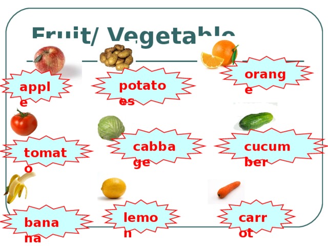 Fruit/ Vegetable orange potatoes apple cucumber cabbage tomato carrot lemon banana 
