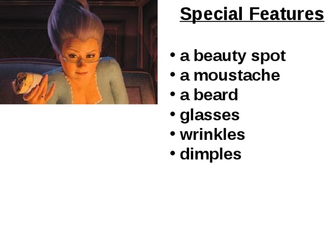 Special Features  a beauty spot  a moustache  a beard  glasses  wrinkles  dimples 