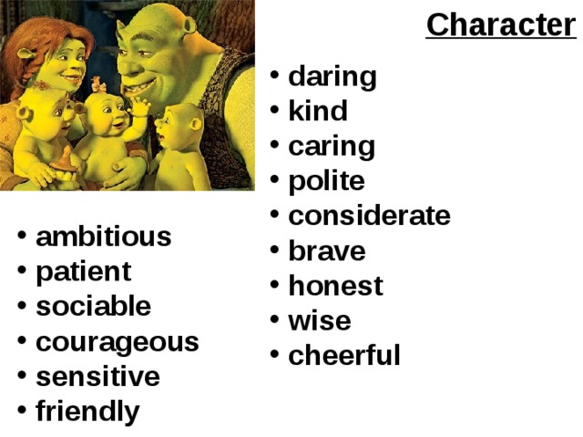 Character  daring  kind  caring  polite  considerate  brave  honest  wise  cheerful  ambitious  patient  sociable  courageous  sensitive  friendly 