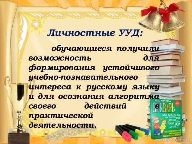 Личностные УУД:  обучающиеся получили возможность для формирования устойчивого учебно-познавательного интереса к русскому языку и для осознания алгоритма своего действий в практической деятельности.